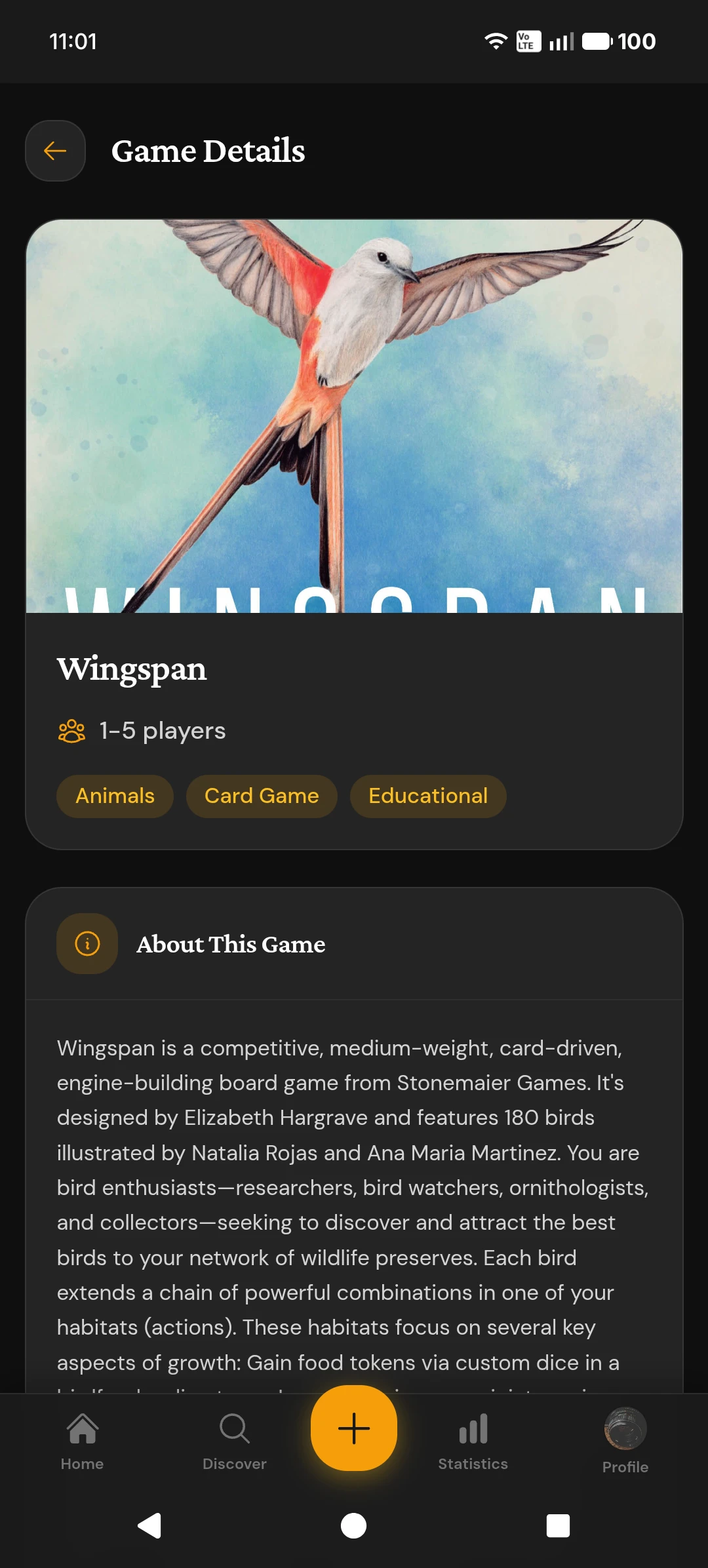 Game details page showing Wingspan with categories and description