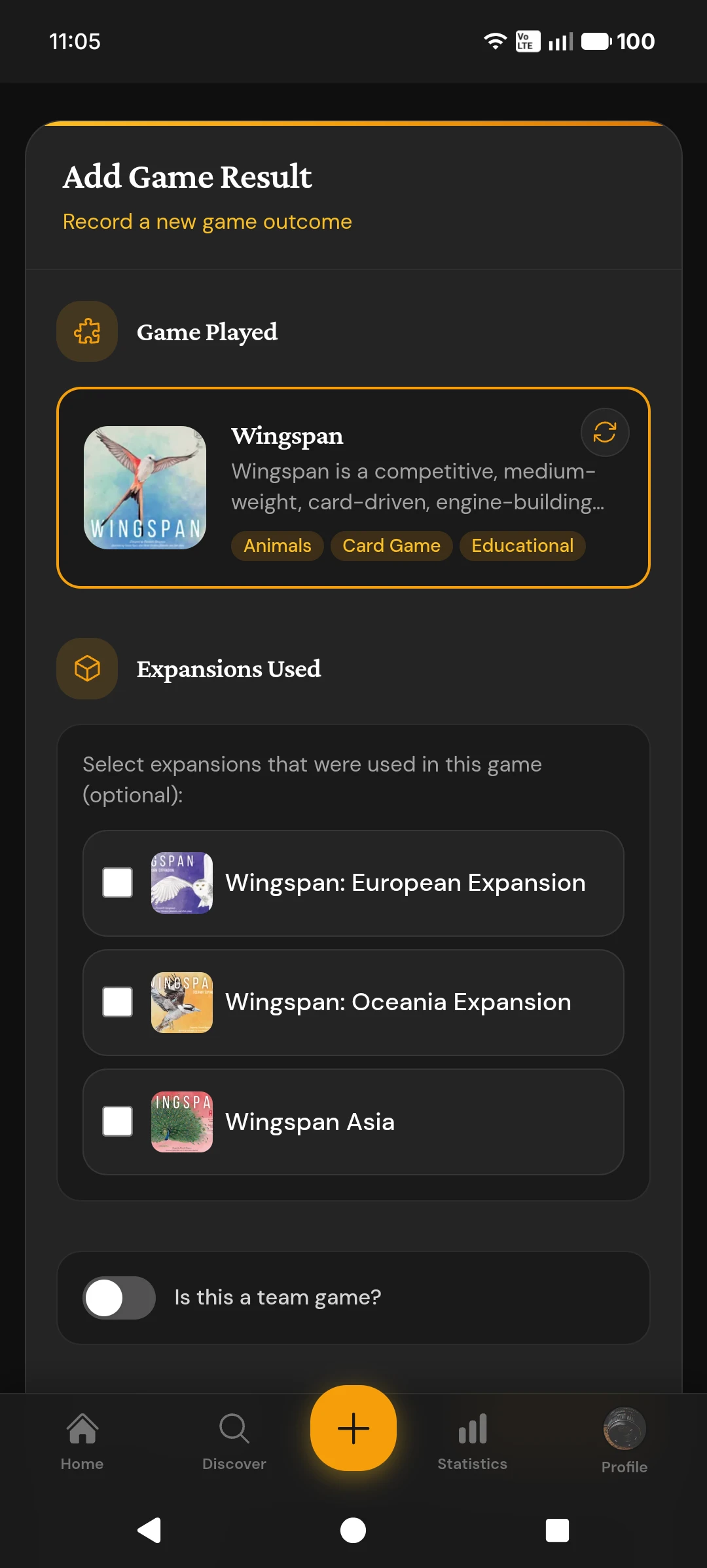 Select board game and expansion packs for game result