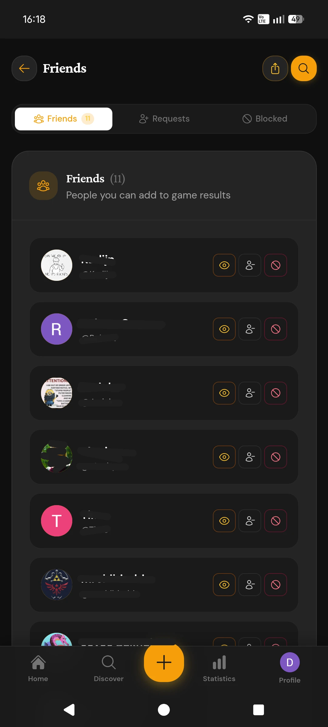 Friends list with invite link and friend management