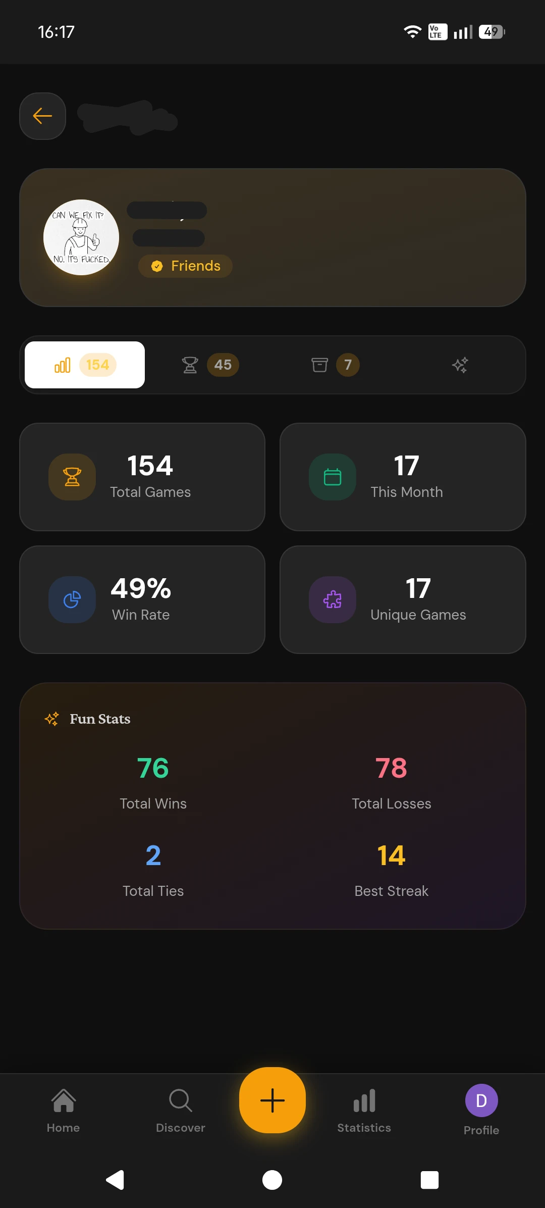 Friend profile showing achievements and games played