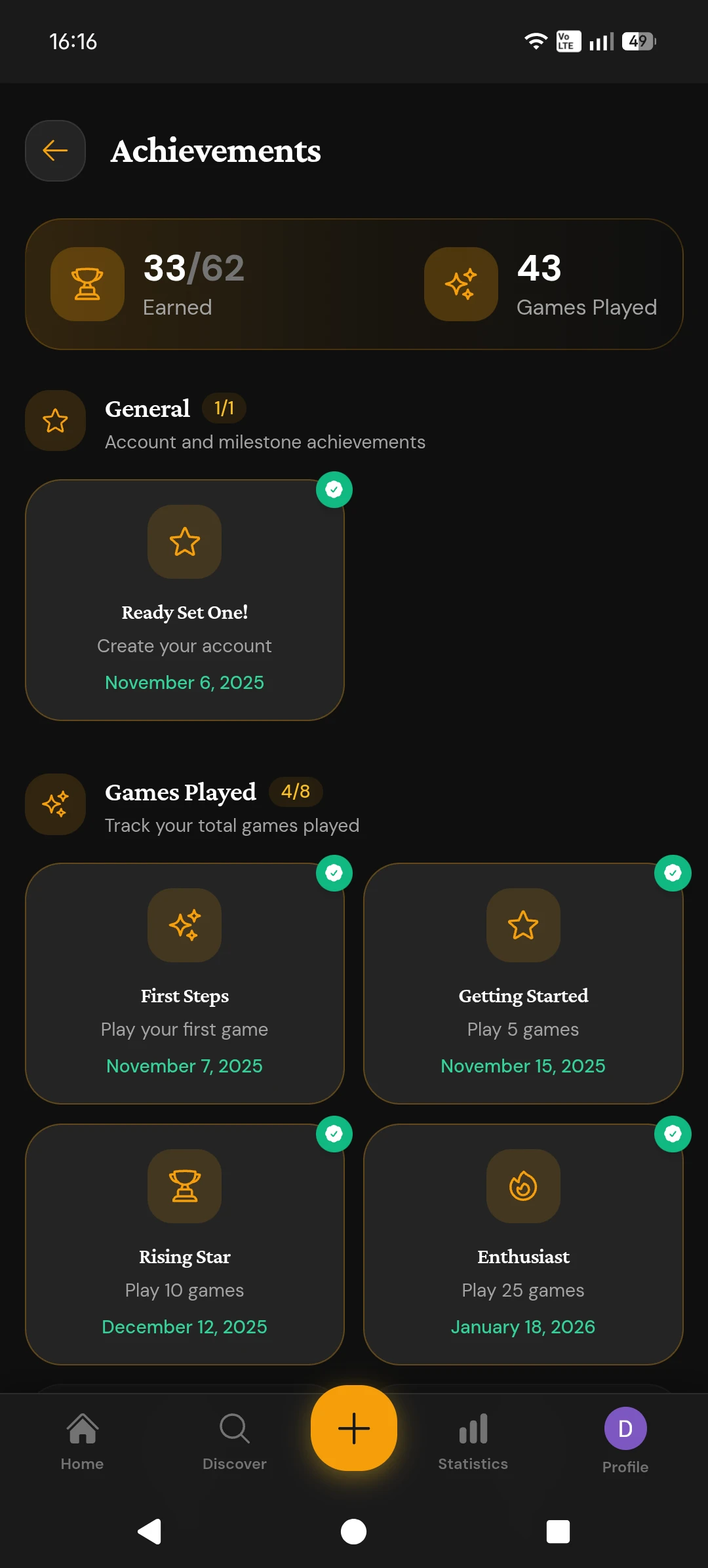 Achievements page with earned count, categories, and progress badges