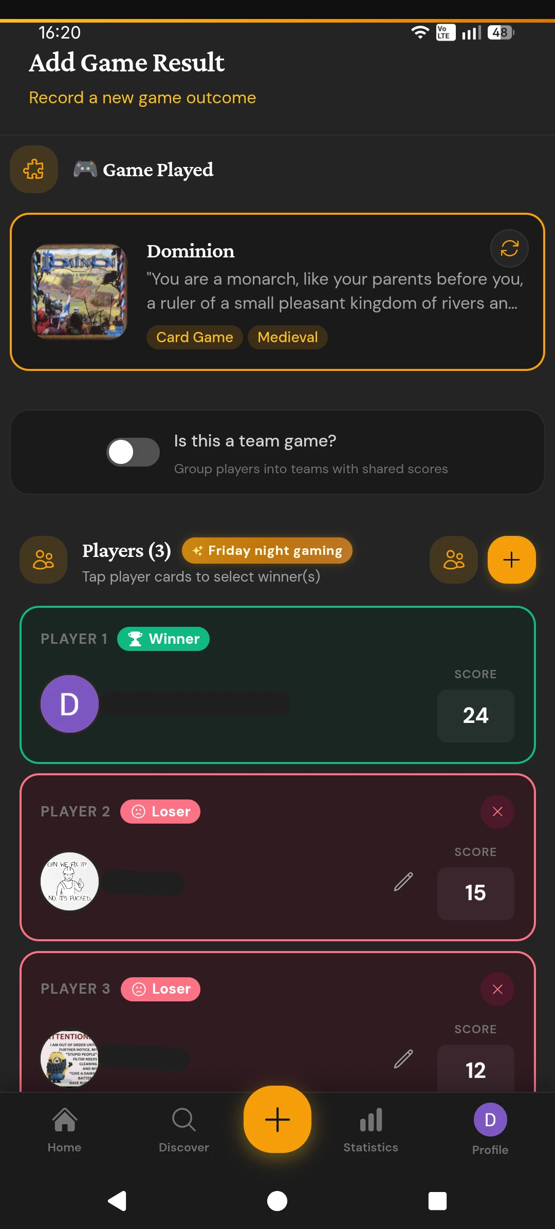 Game result with winner and loser badges and individual scores