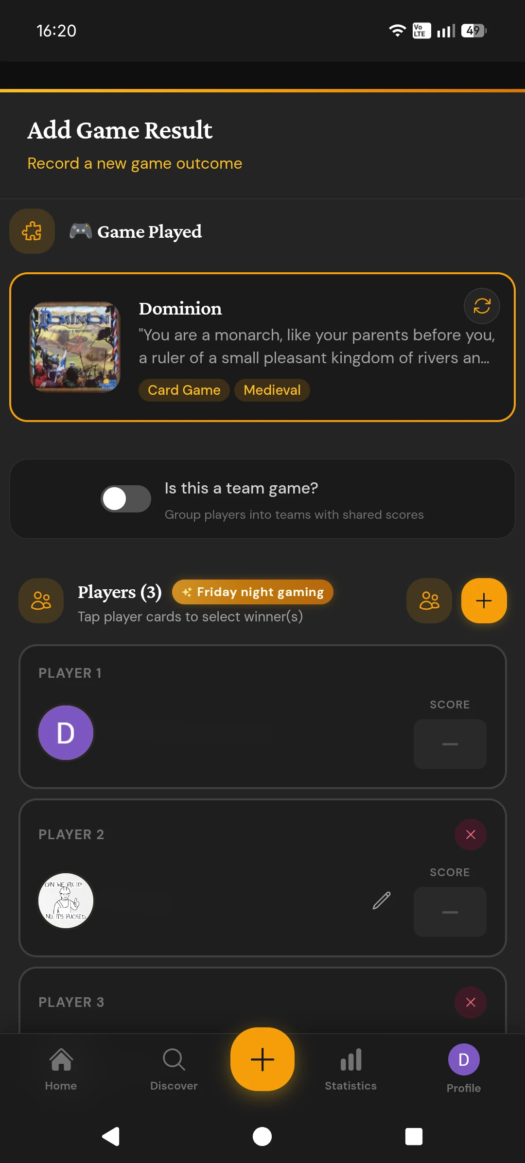 Add game result with party badge imported and players added