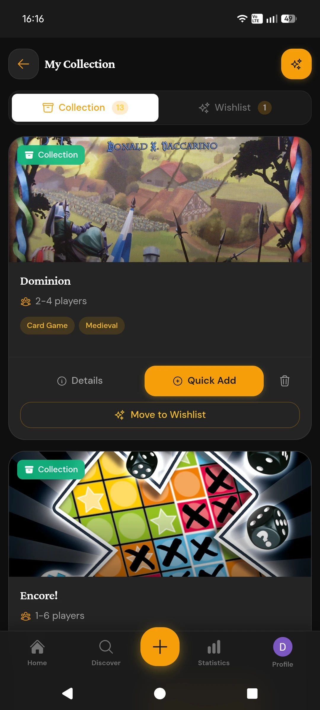 My Collection page with collection and wishlist tabs, Quick Add button