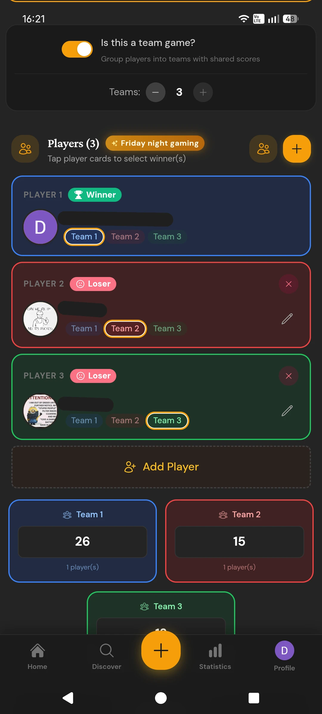 Team mode with color-coded teams, winner and loser badges, and team scores