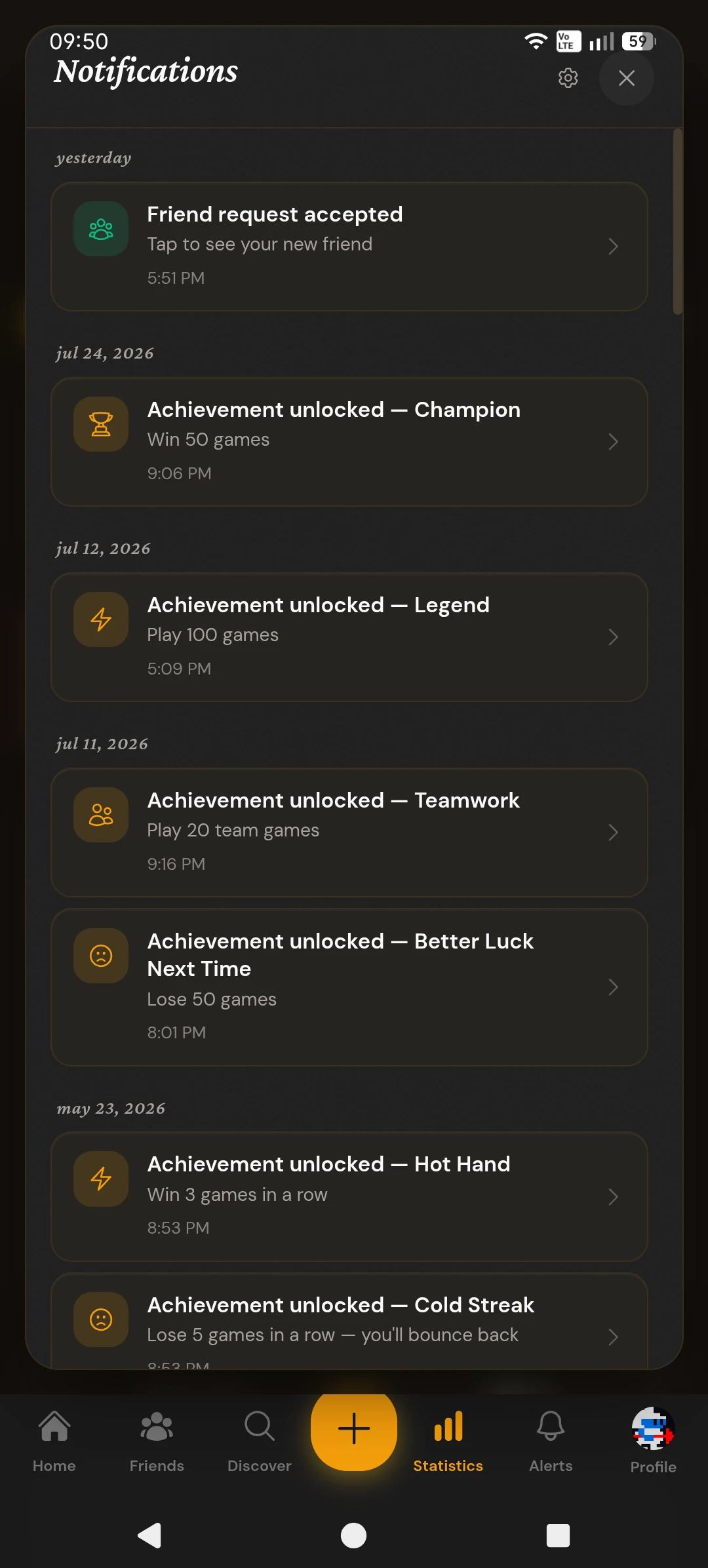 Notification inbox with friend requests, achievement unlocks, and comment alerts in one timeline