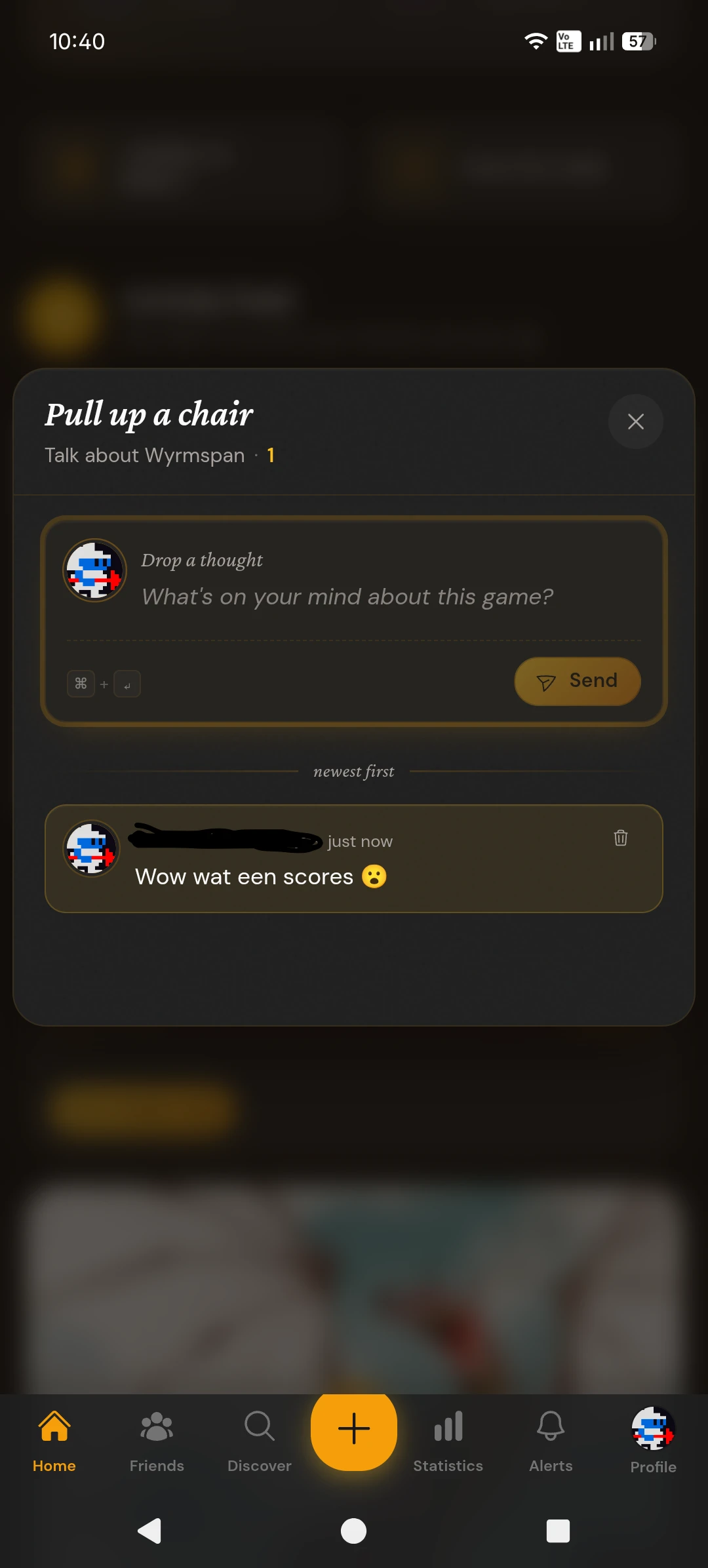Comment thread on a friend's Wyrmspan game result with comment composer