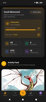 Board Games Tracker dashboard showing recent game results and player statistics overview
