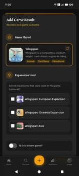 Add game result form for logging board game sessions with players and scores