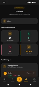 Player statistics showing win rates, head-to-head records, and performance analytics