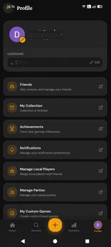 User profile page with game history, friends list, and collection management