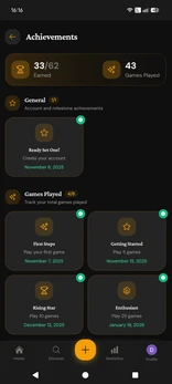 Board game achievements page showing unlocked milestones and progress tracking